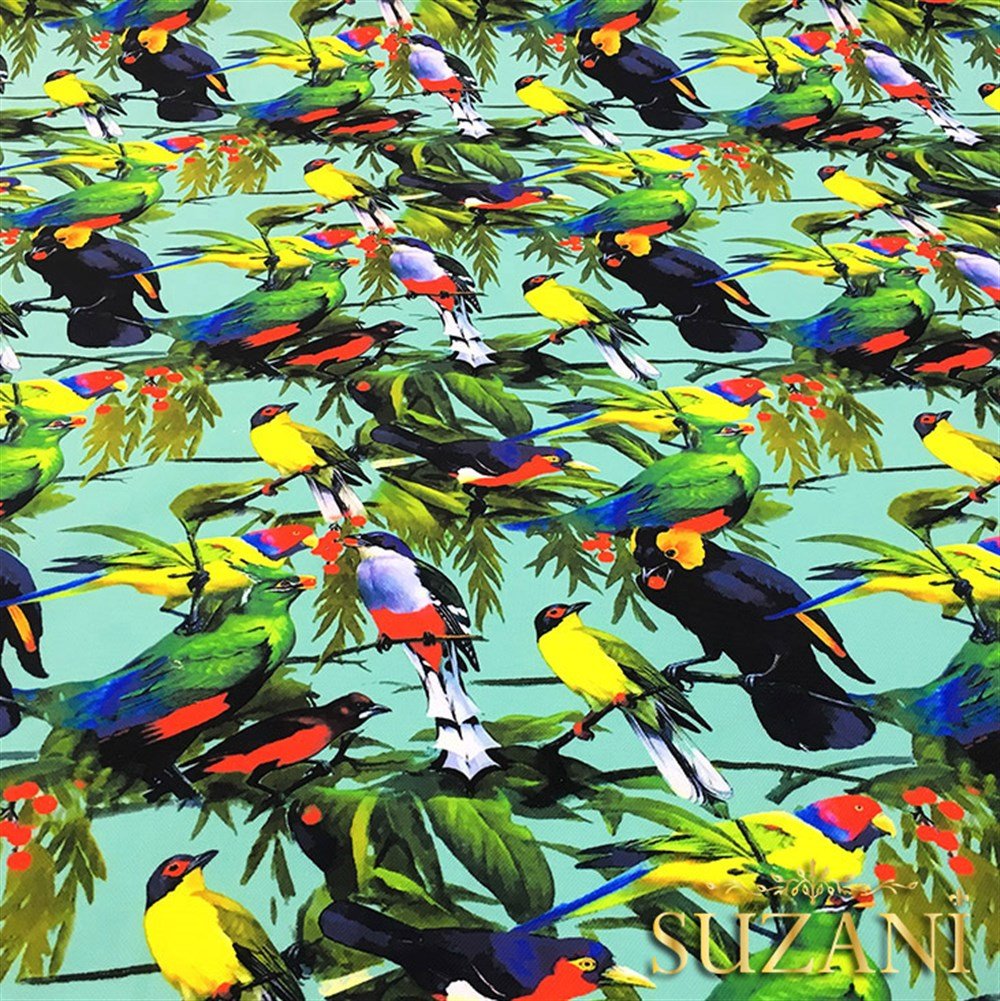 Turkuaz Zemin Kuşlu Desen Kumaş