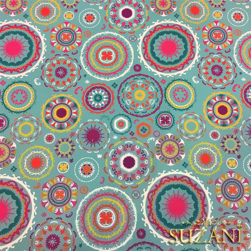Turkuaz Zemin Suzani Desenli Kumaş