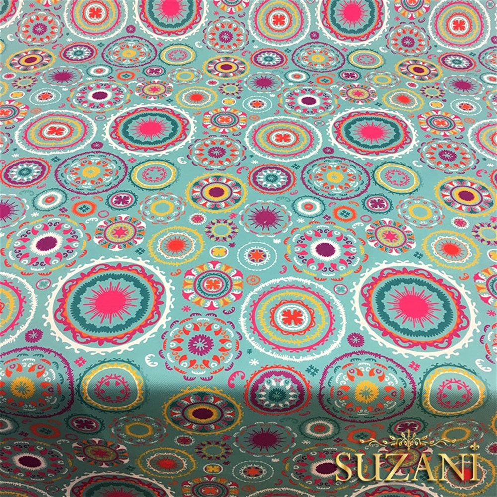 Turkuaz Zemin Suzani Desenli Kumaş