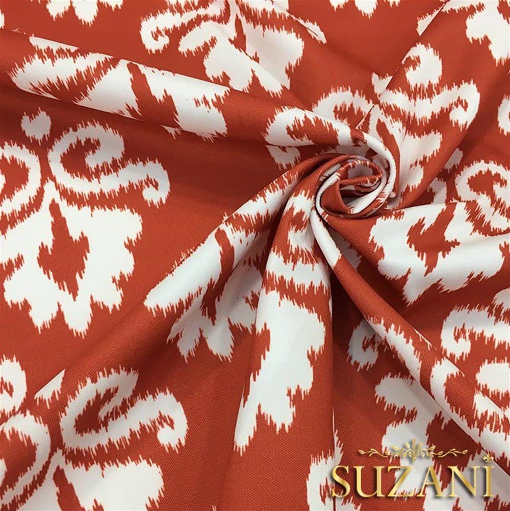 Turuncu Beyaz Damask Desenli Kumaş