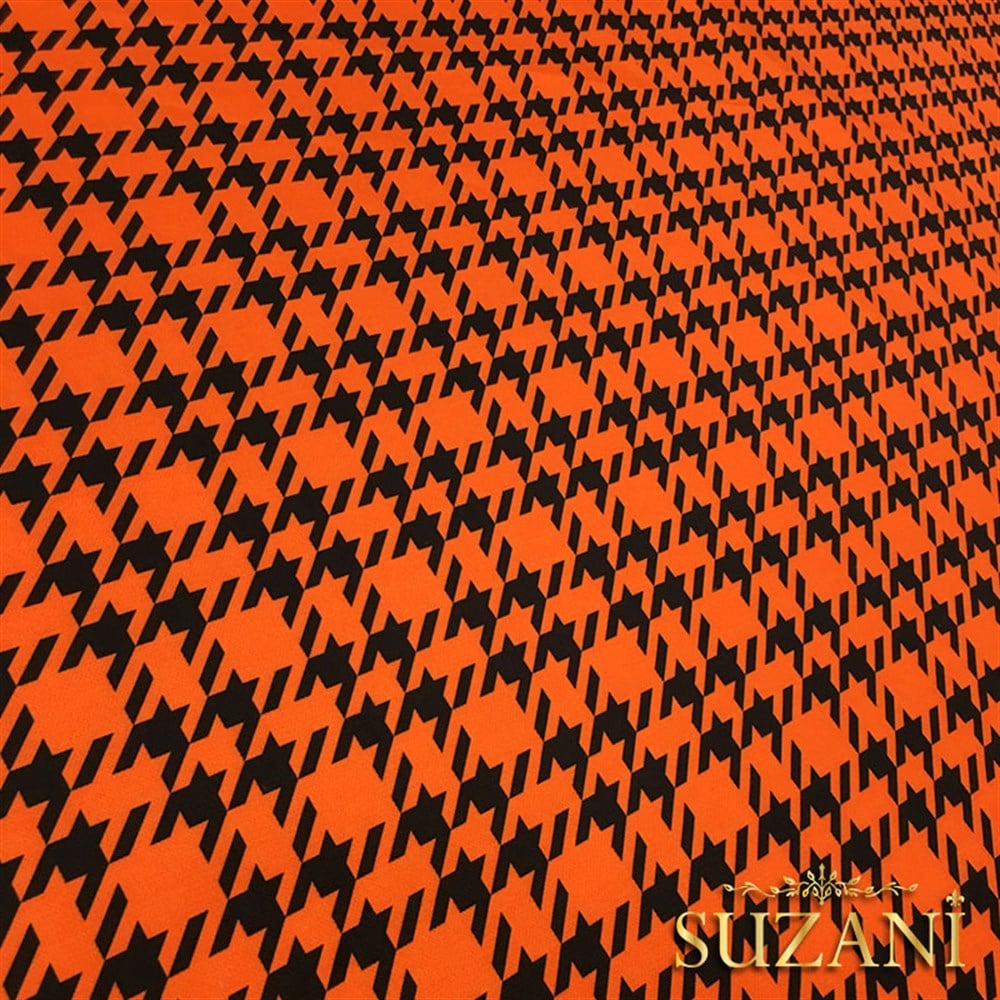 Turuncu Kazayağı Ekose Desenli Kumaş
