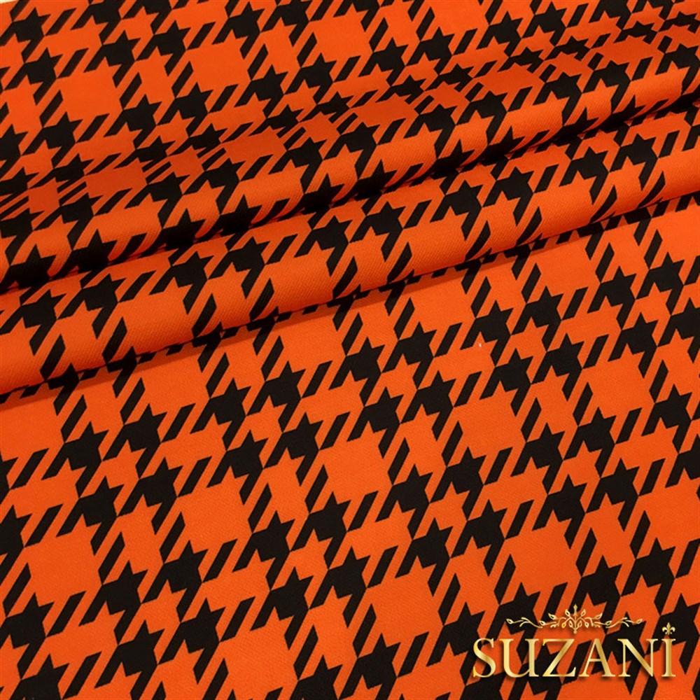 Turuncu Kazayağı Ekose Desenli Kumaş