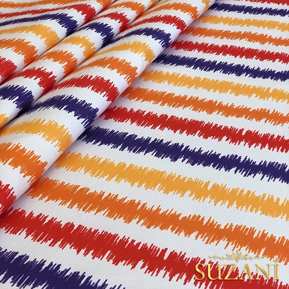 Turuncu Lacivert İkat Desenli Dijital Baskılı Kumaş