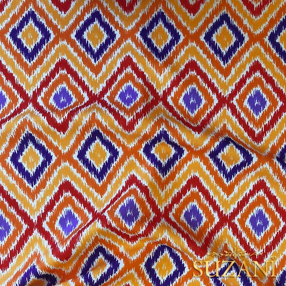 Turuncu Lacivert İkat Desenli Dijital Baskılı Kumaş