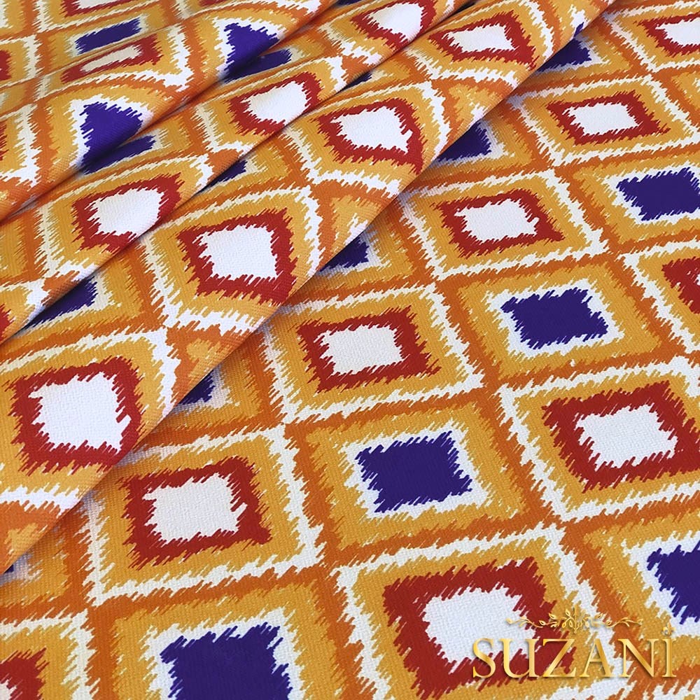 Turuncu Lacivert İkat Desenli Dijital Baskılı Kumaş