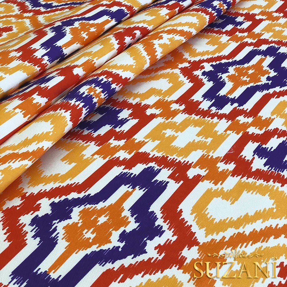 Turuncu Lacivert İkat Desenli Dijital Baskılı Kumaş