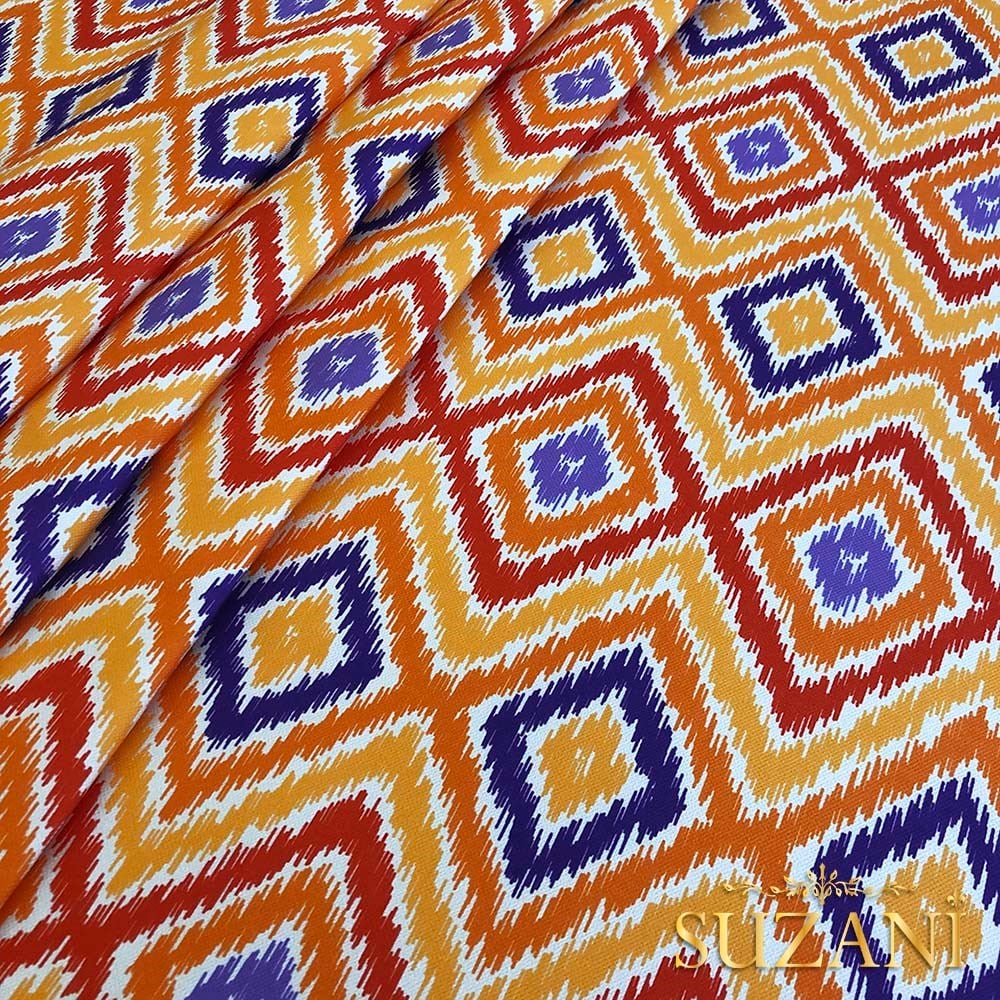 Turuncu Lacivert İkat Desenli Dijital Baskılı Kumaş