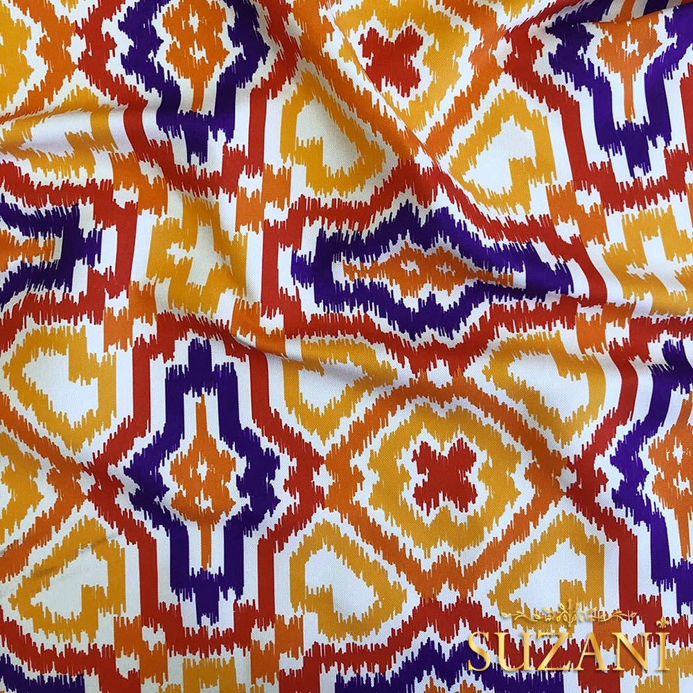 Turuncu Lacivert İkat Desenli Dijital Baskılı Kumaş