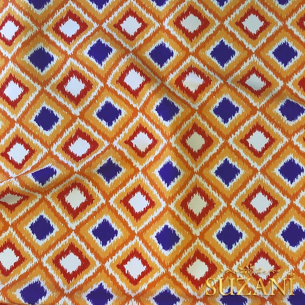 Turuncu Lacivert İkat Desenli Dijital Baskılı Kumaş