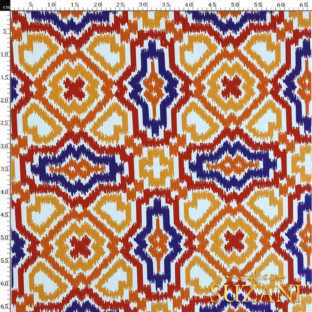 Turuncu Lacivert İkat Desenli Dijital Baskılı Kumaş