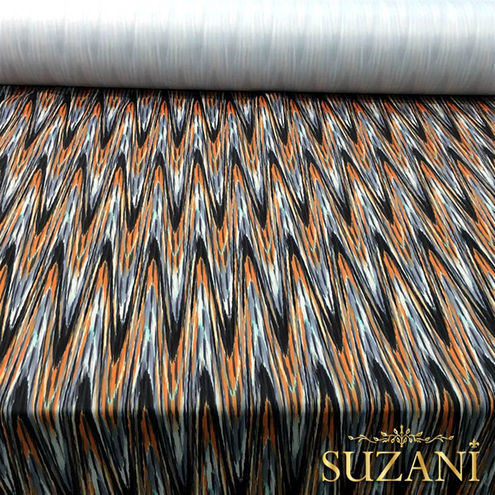 Turuncu Siyah Zİgzag İkat Kumaş