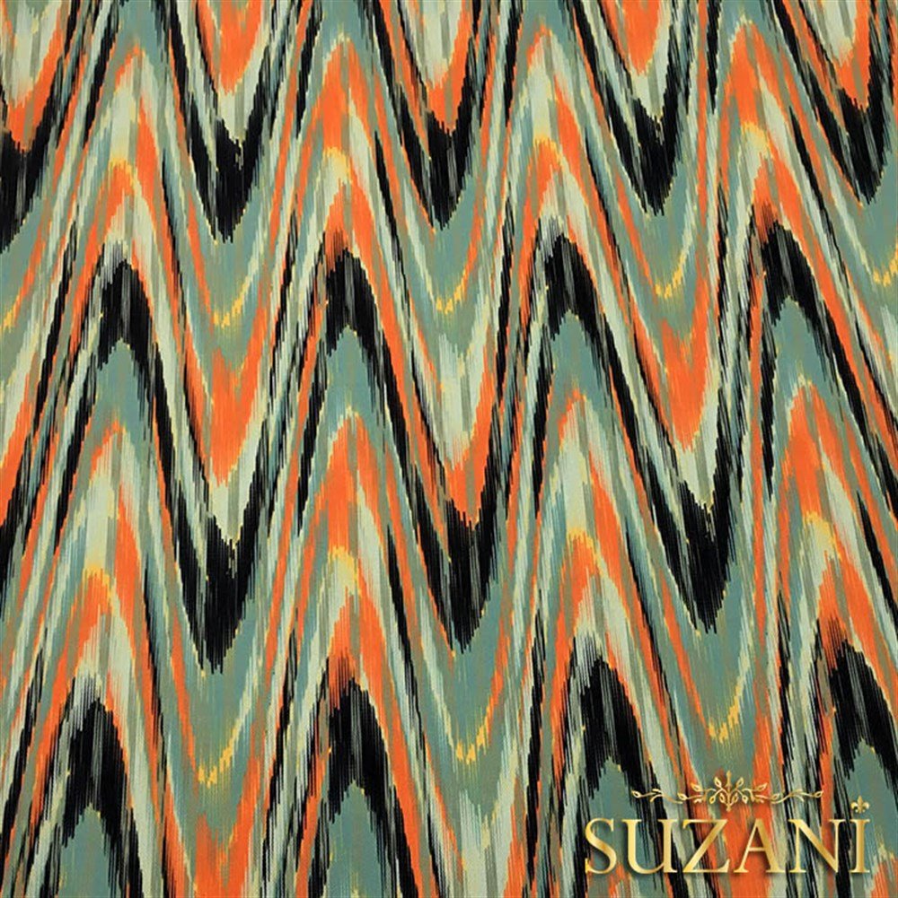 Turuncu Yeşil Dalgalı İkat Kumaş