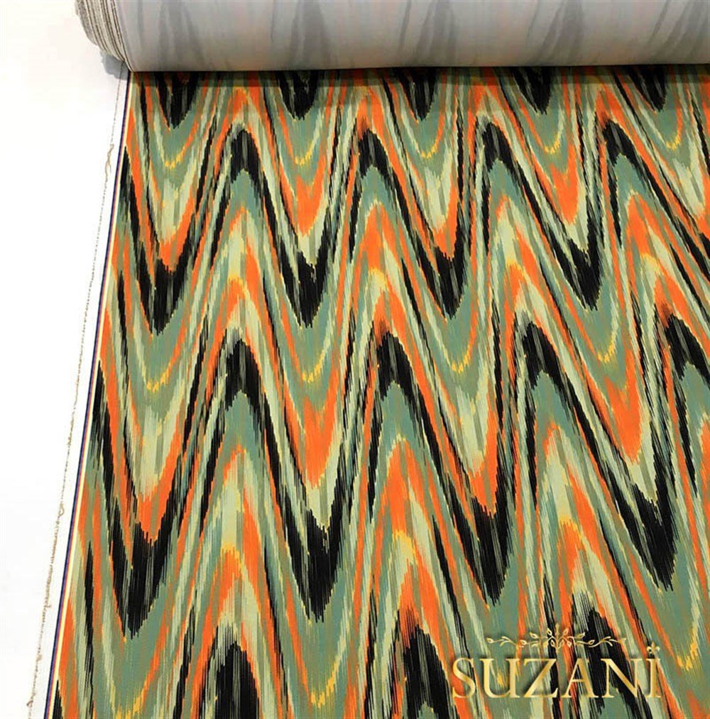 Turuncu Yeşil Dalgalı İkat Kumaş