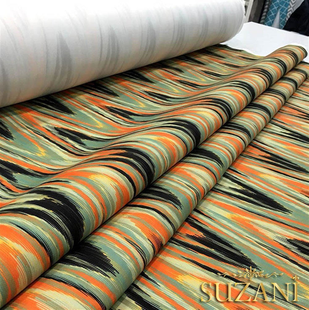 Turuncu Yeşil Dalgalı İkat Kumaş