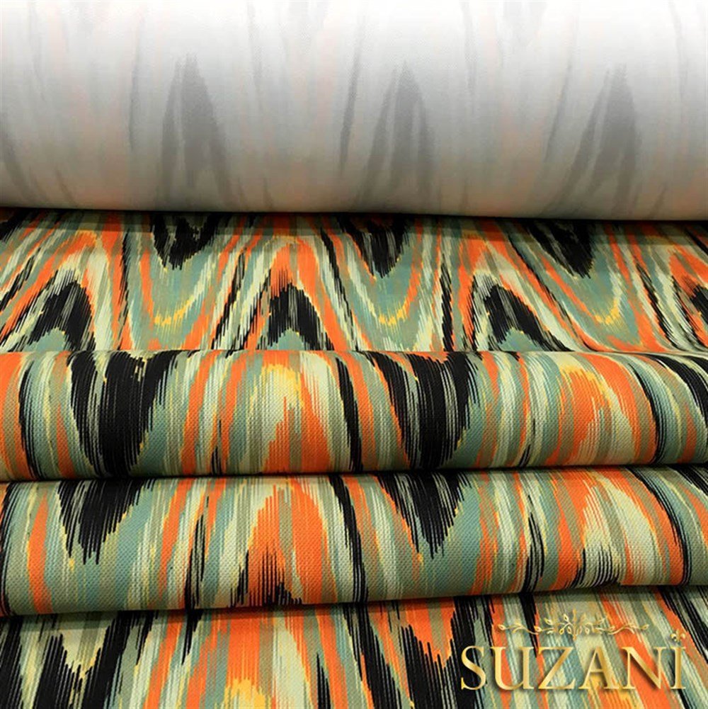 Turuncu Yeşil Dalgalı İkat Kumaş