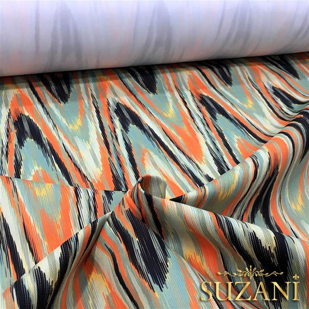 Turuncu Yeşil Dalgalı İkat Kumaş