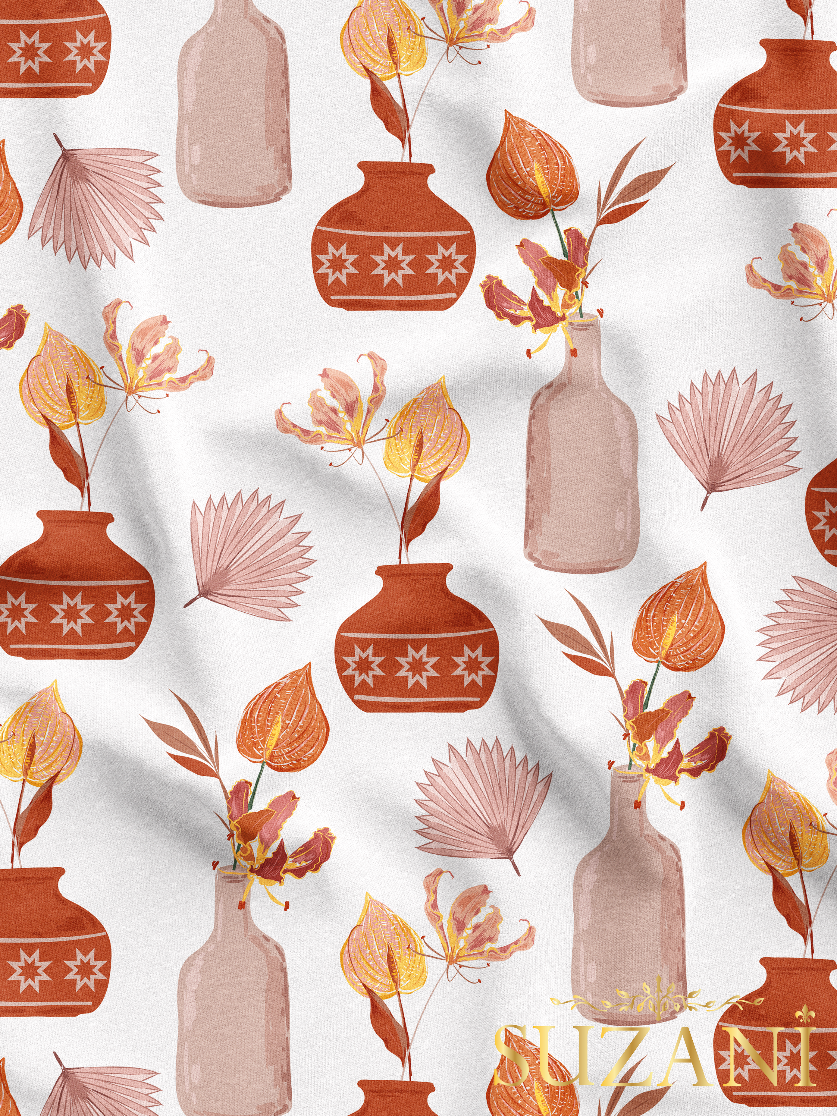 Vazo Desenli Dijital Baskılı Kumaş