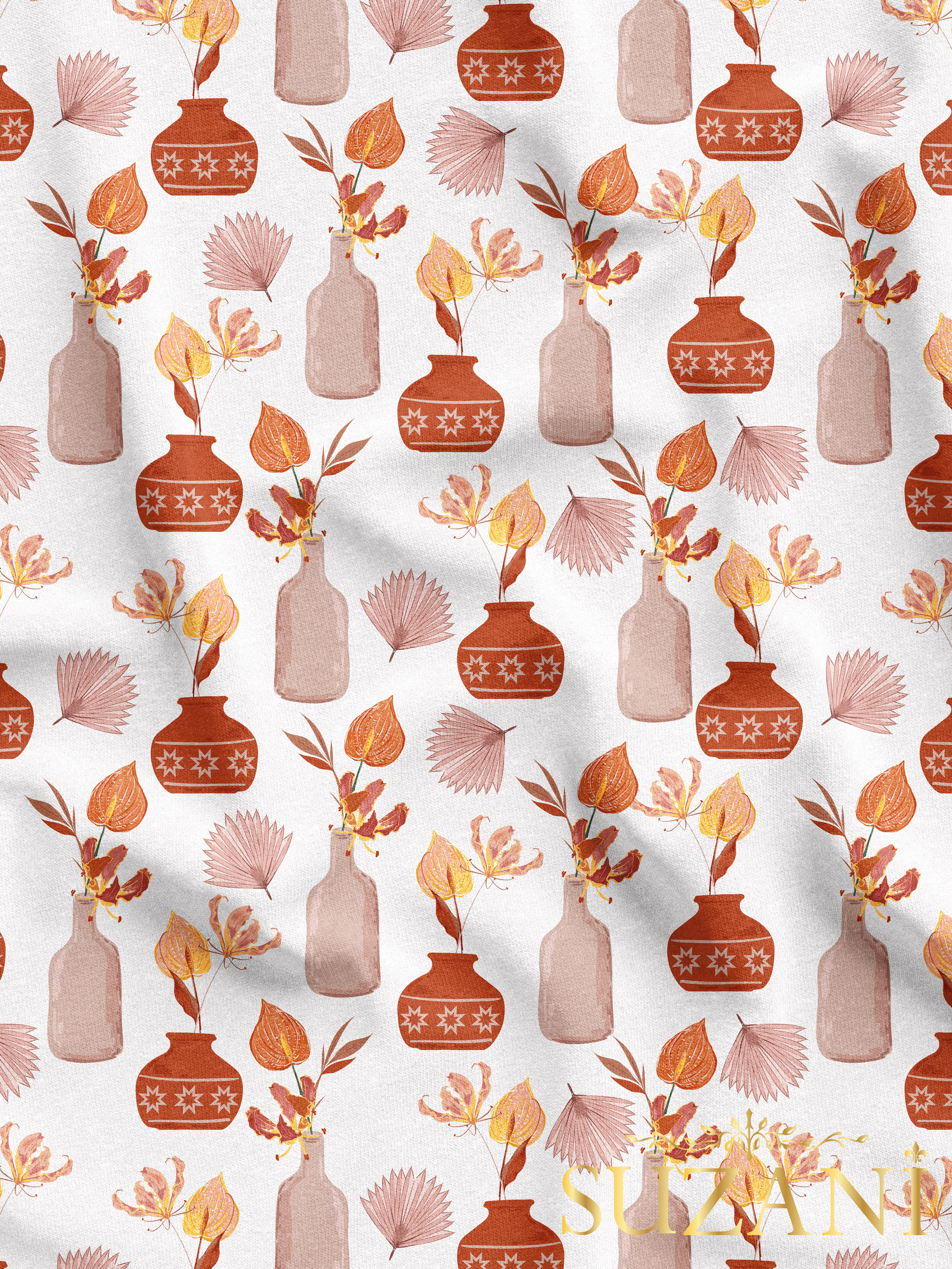 Vazo Desenli Dijital Baskılı Kumaş