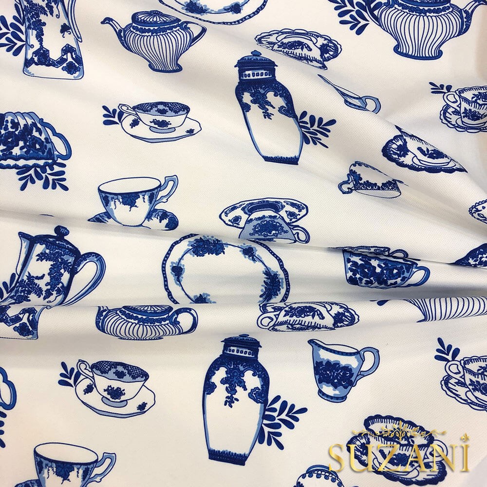 Vintage Bleu Blanc Desenli Dijital Baskılı Kumaş