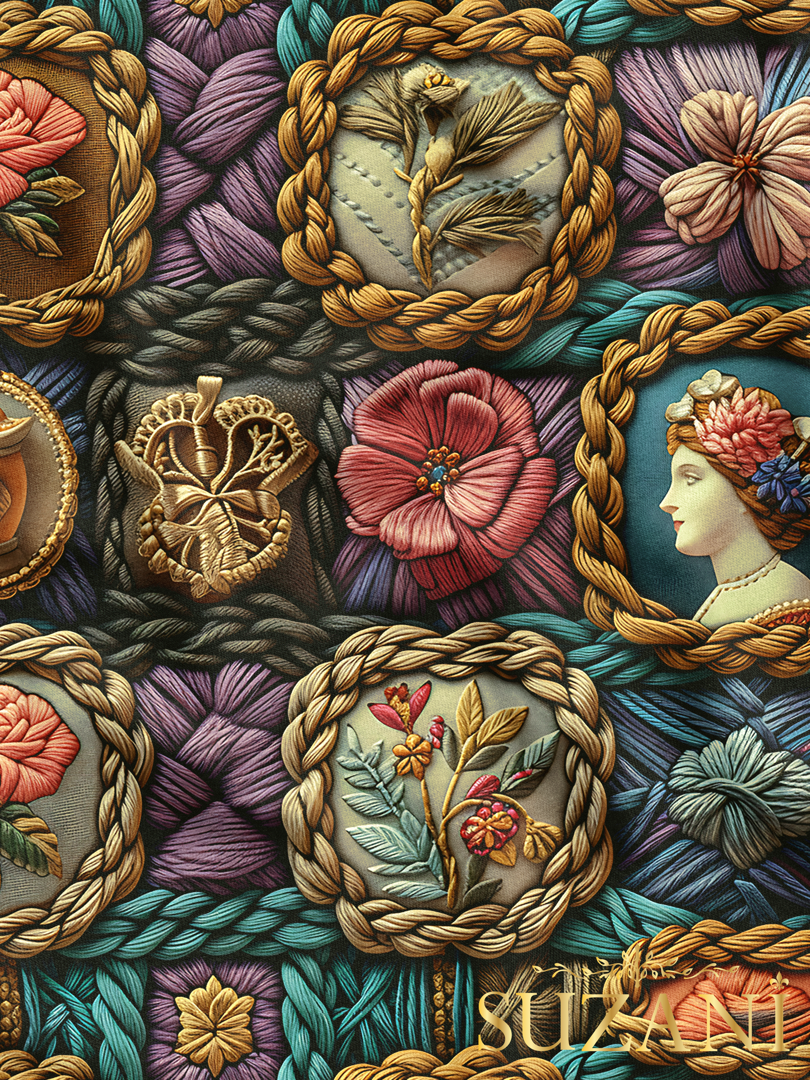 Vintage Çiçek ve Kadın Desenli Dijital Baskılı Kumaş