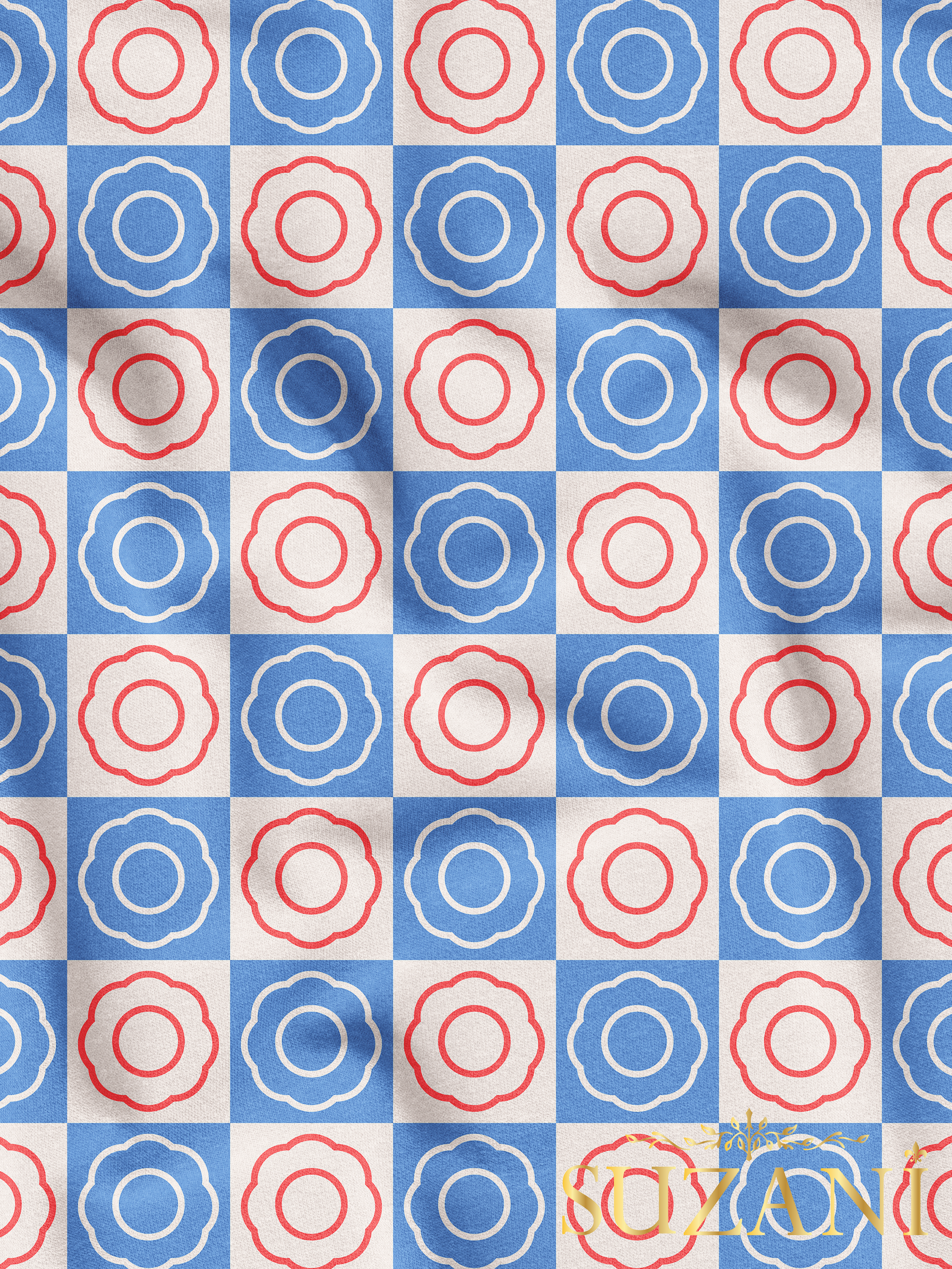 Vintage Çivit Mavi Renkli Çiçek Damalı Desenli Dijital Baskılı Kumaş