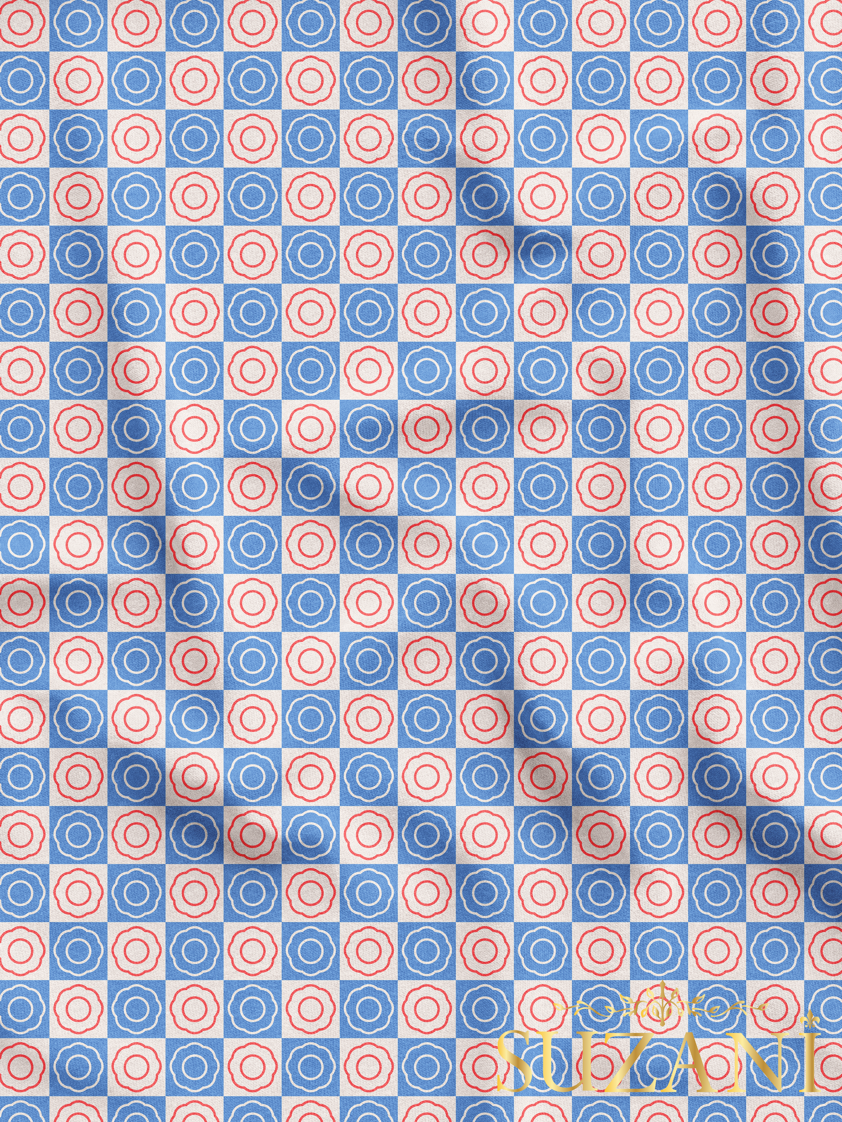 Vintage Çivit Mavi Renkli Çiçek Damalı Desenli Dijital Baskılı Kumaş