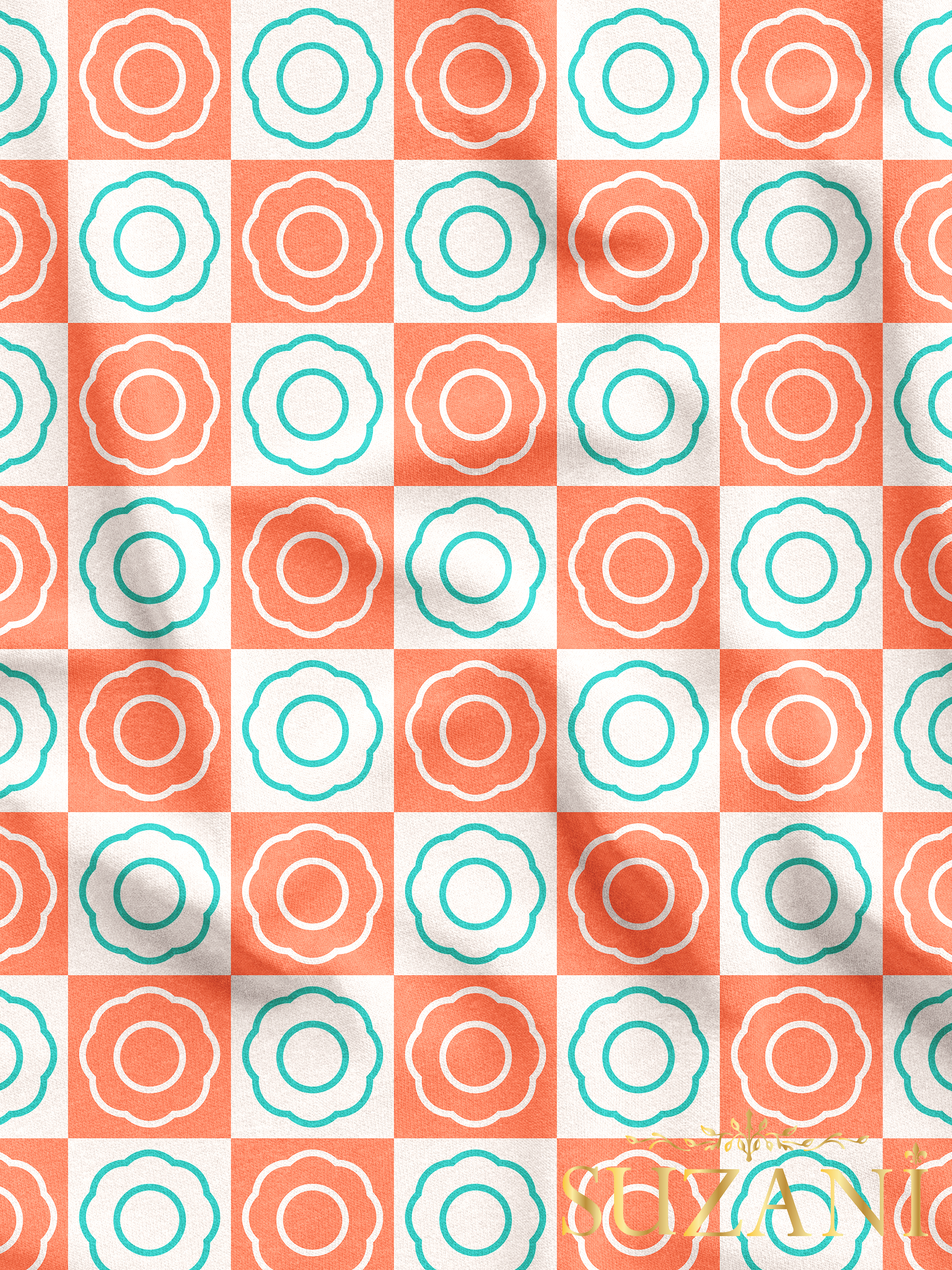 Vintage Somon Renkli Çiçek Damalı Desenli Dijital Baskılı Kumaş