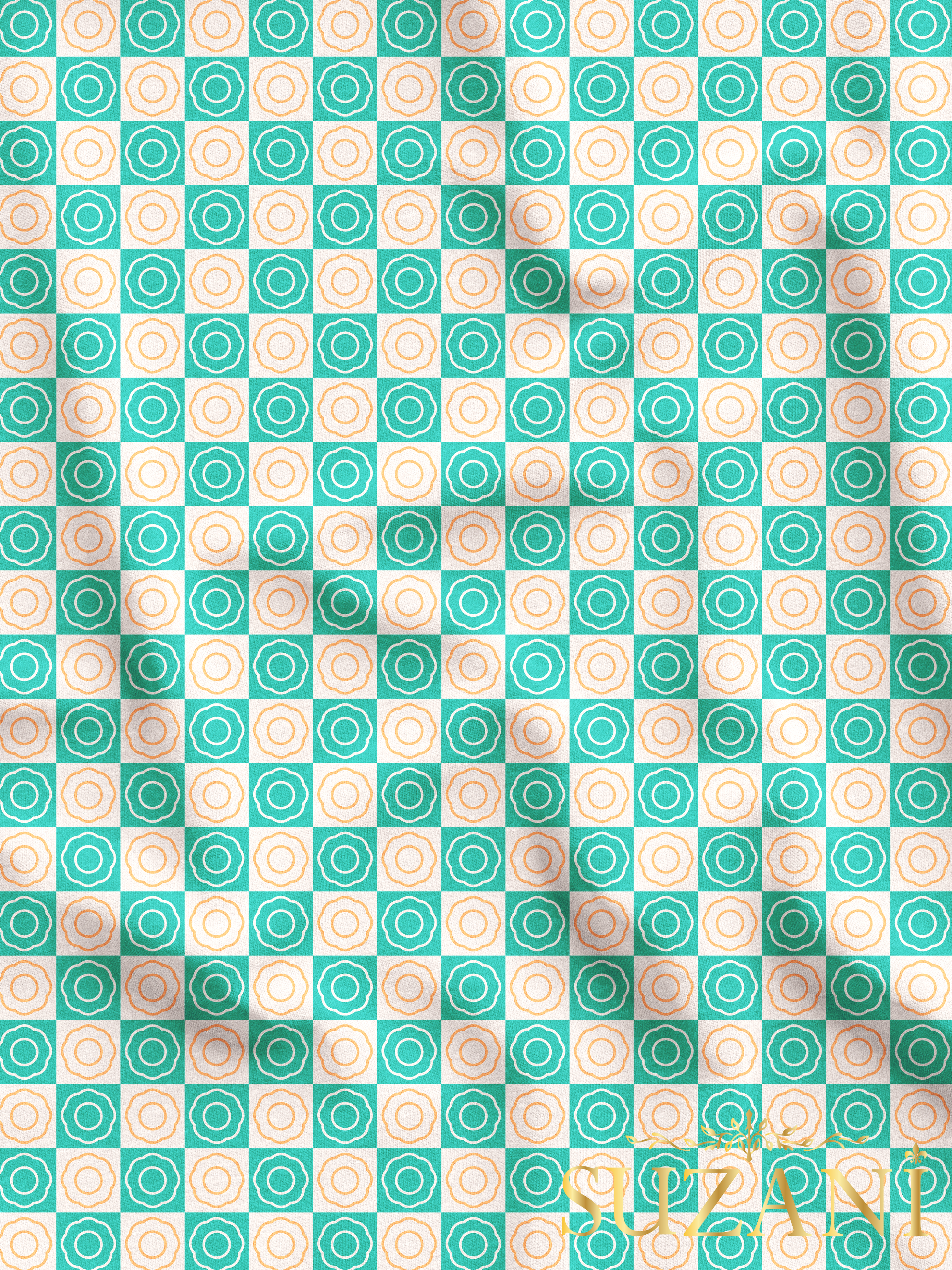 Vintage Turkuaz Çiçek Damalı Desenli Dijital Baskılı Kumaş