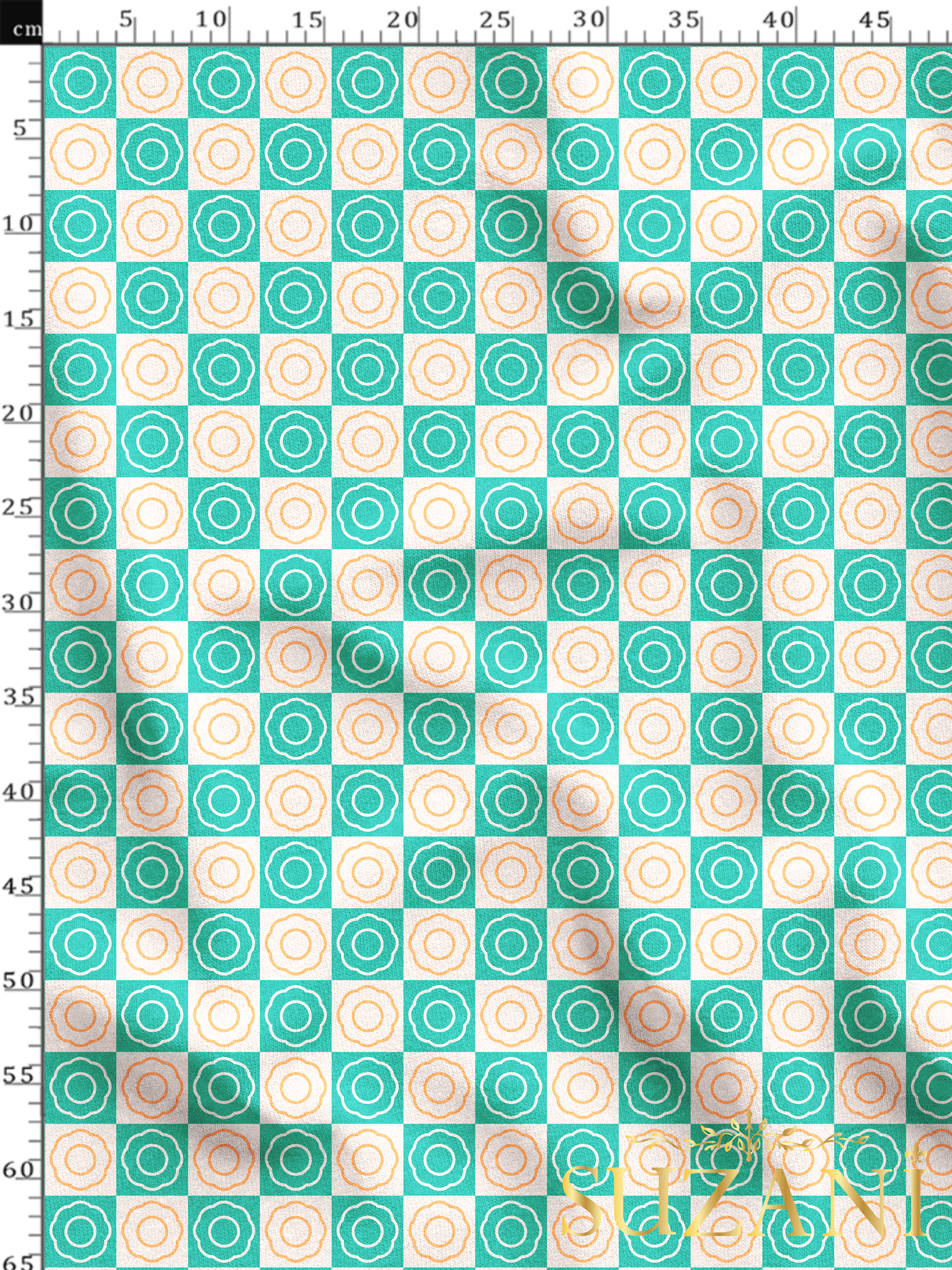 Vintage Turkuaz Çiçek Damalı Desenli Dijital Baskılı Kumaş