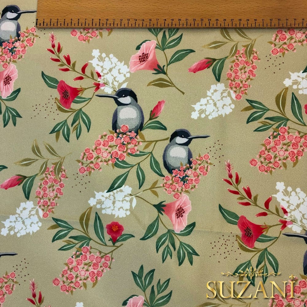 Yağ Yeşili Saka Kuşu Dijital Baskılı Kumaş