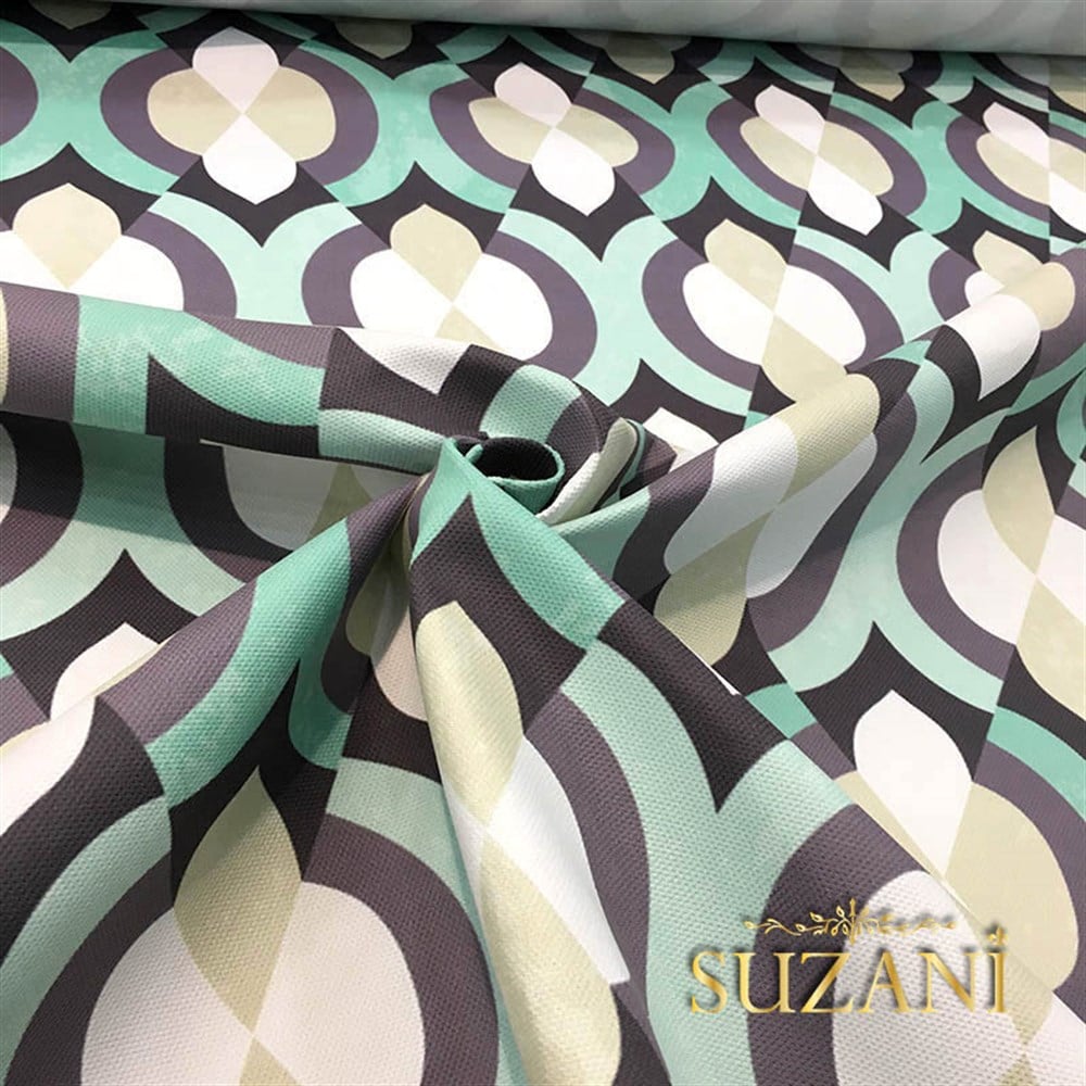 Yeşil Bej Geometrik Desenli Kumaş