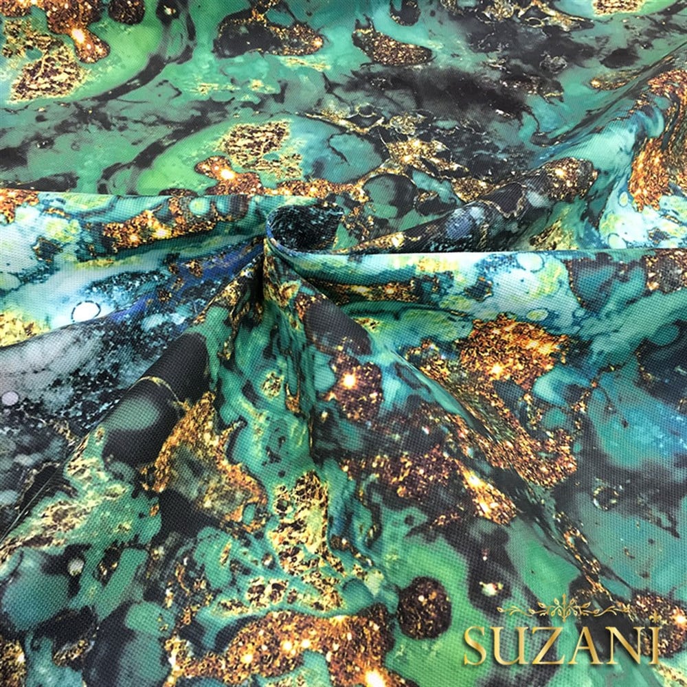 Yeşil Gold Malakit Desenli Kumaş