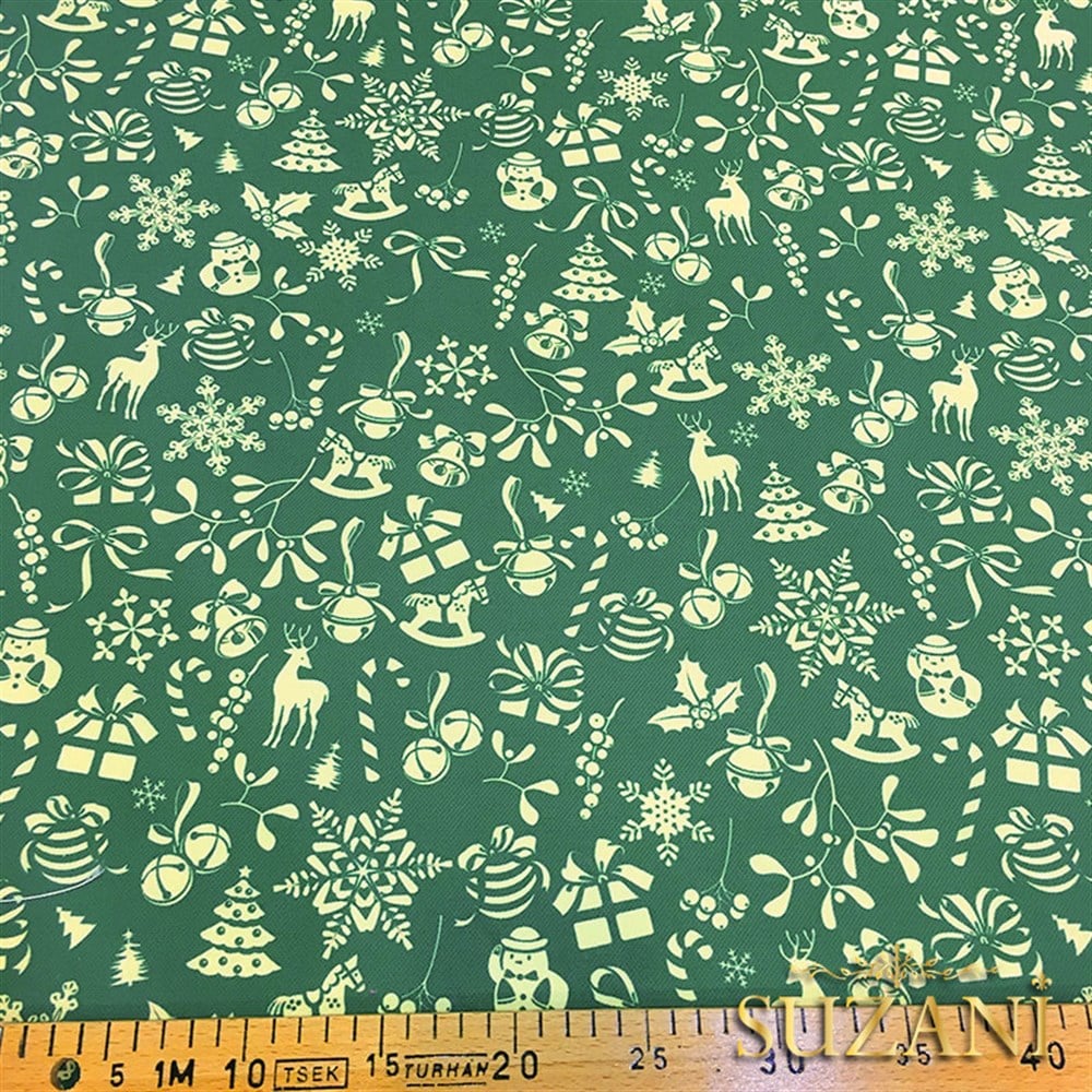 Yeşil Küçük Figürlü Yılbaşı Desenli Kumaş
