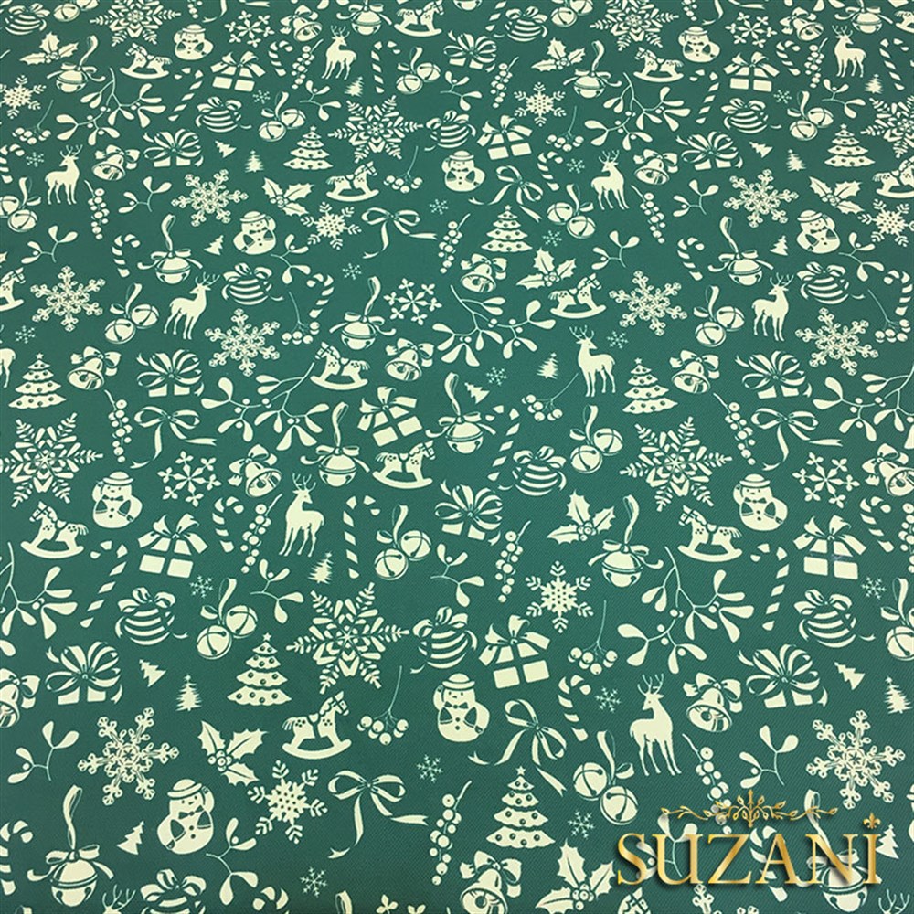 Yeşil Küçük Figürlü Yılbaşı Desenli Kumaş