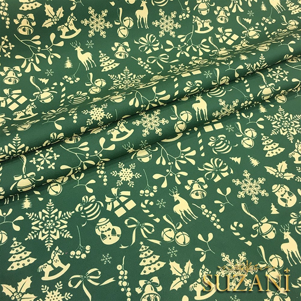 Yeşil Küçük Figürlü Yılbaşı Desenli Kumaş
