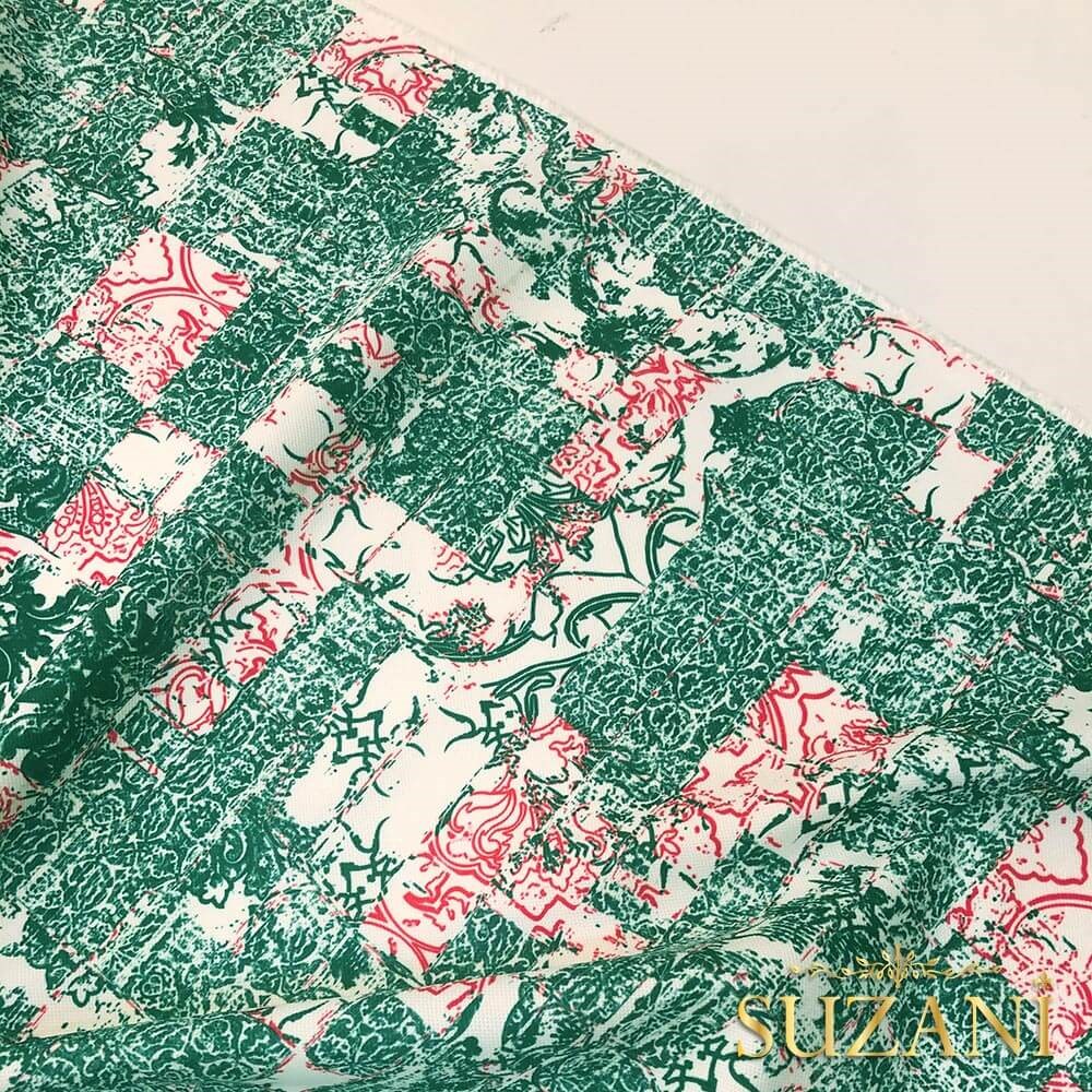 Yeşil Modern Patchwork Desenli Dijital Baskılı Kumaş
