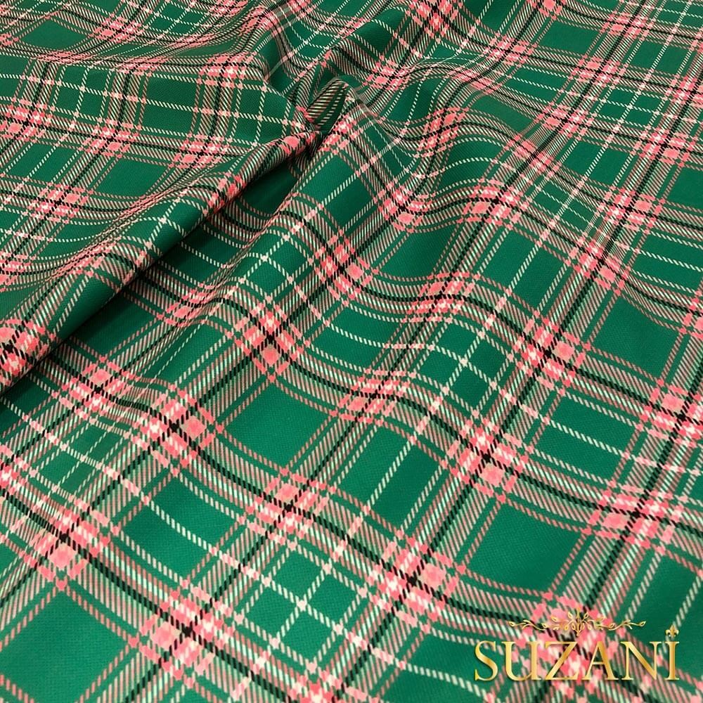 Yeşil-Pembe Ekose Desenli Dijital Baskılı Kumaş
