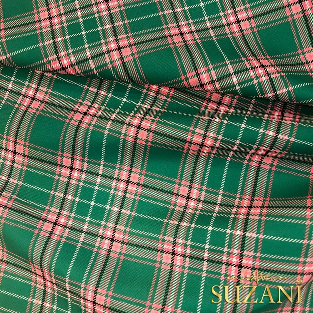 Yeşil-Pembe Ekose Desenli Dijital Baskılı Kumaş