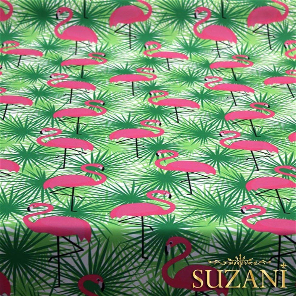 Yeşil Üzeri Pembe Flamingo Desenli Kumaş