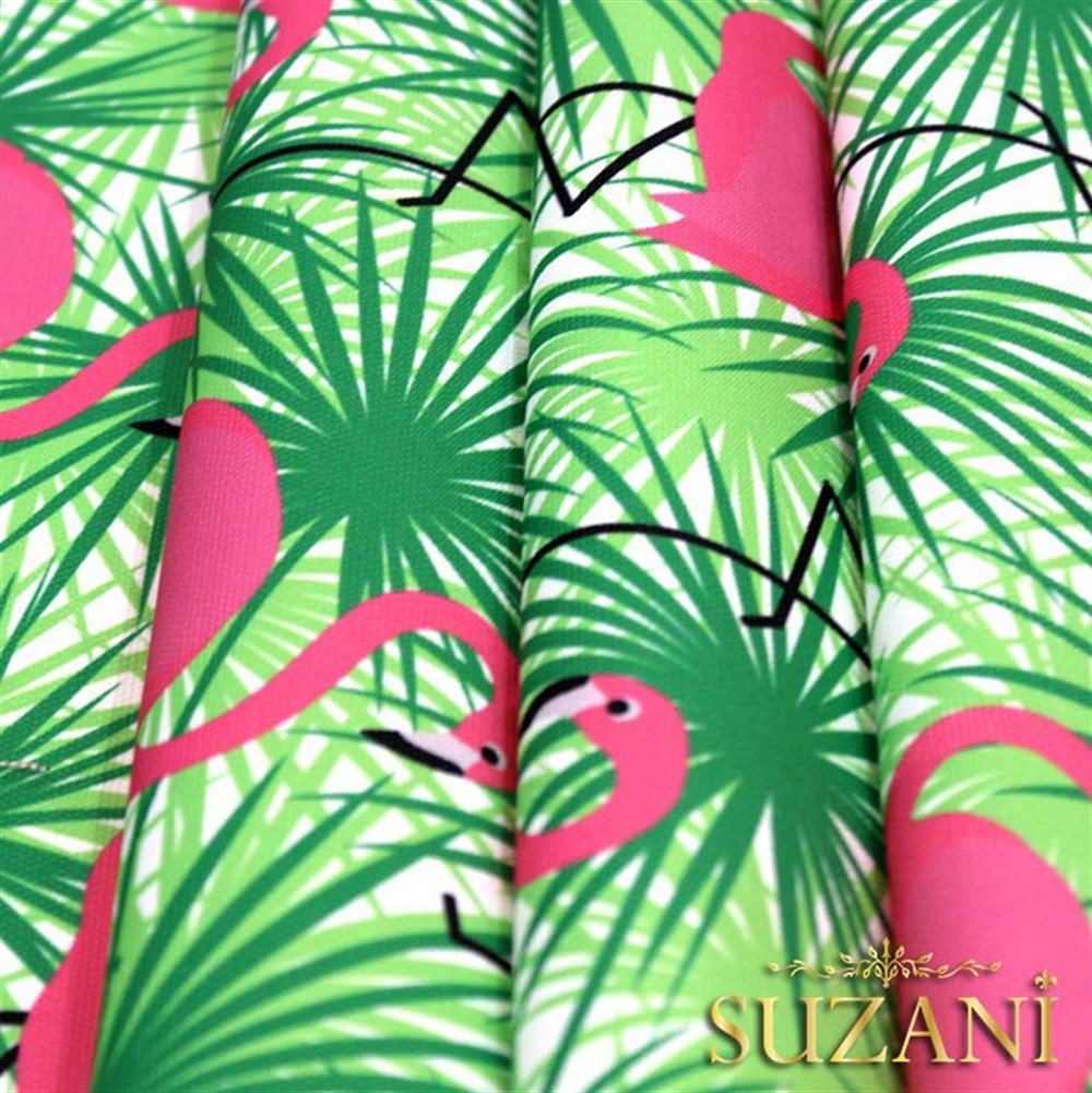 Yeşil Üzeri Pembe Flamingo Desenli Kumaş