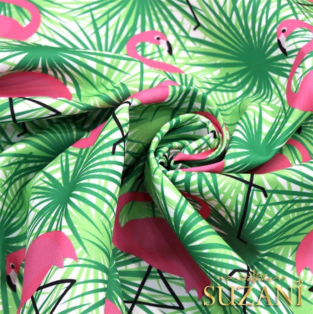 Yeşil Üzeri Pembe Flamingo Desenli Kumaş
