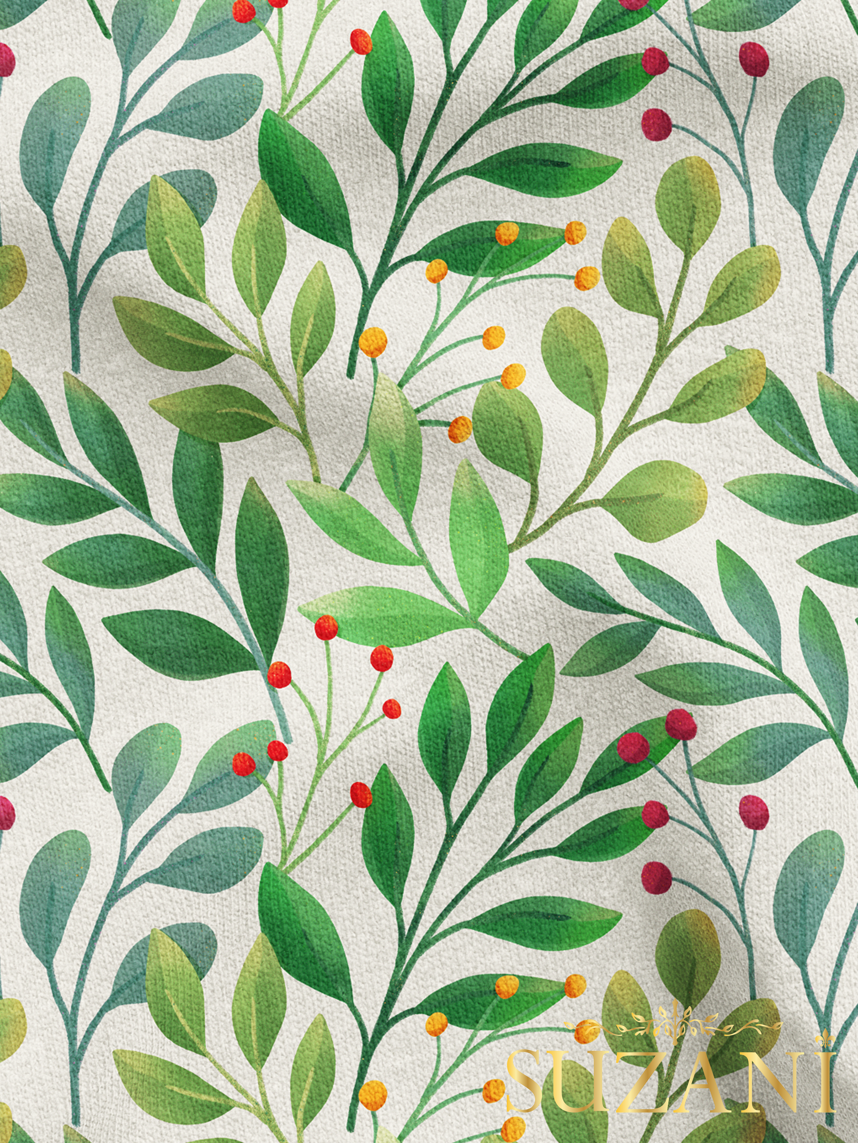 Yeşil Yaprak Desenli Dijital Baskılı Kumaş