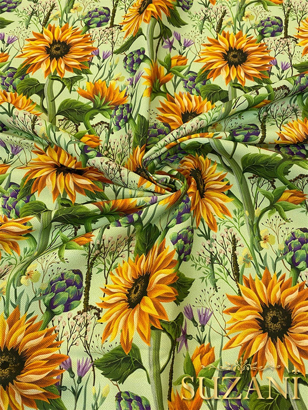 Yeşil Zemin Ayçiçeği Desenli Dijital Baskılı Kumaş