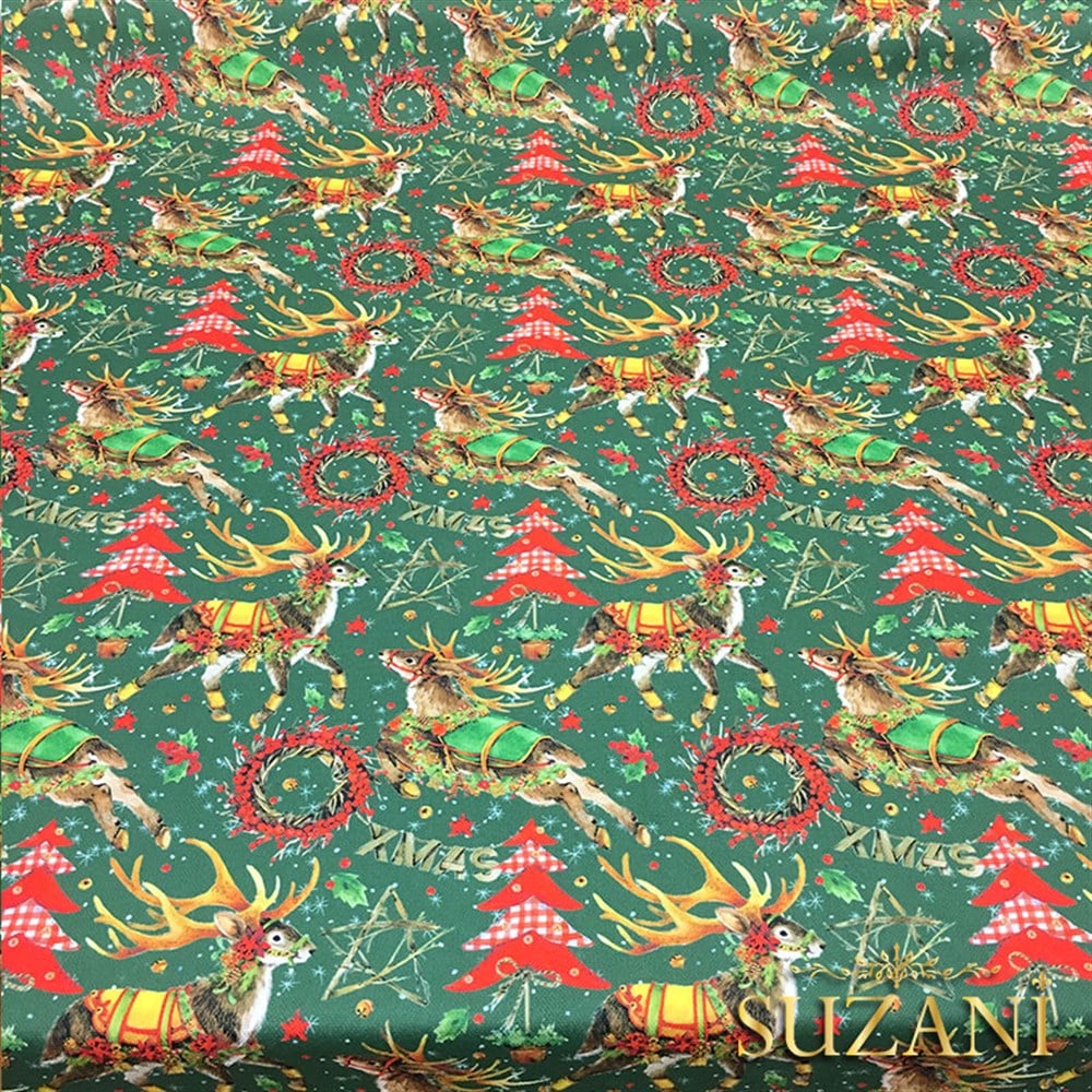 Yeşil Zemin Geyikli Yılbaşı Desenli Kumaş