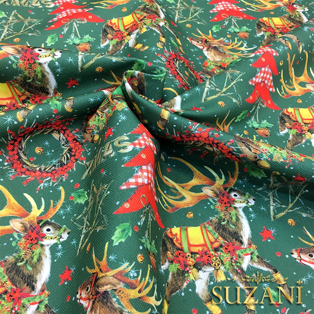 Yeşil Zemin Geyikli Yılbaşı Desenli Kumaş
