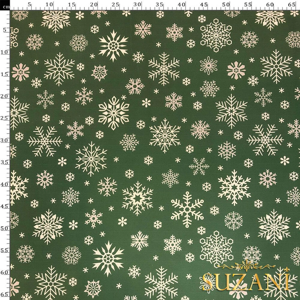 Yeşil Zemin Kar Tanesi Desenli Dijital Baskılı Kumaş