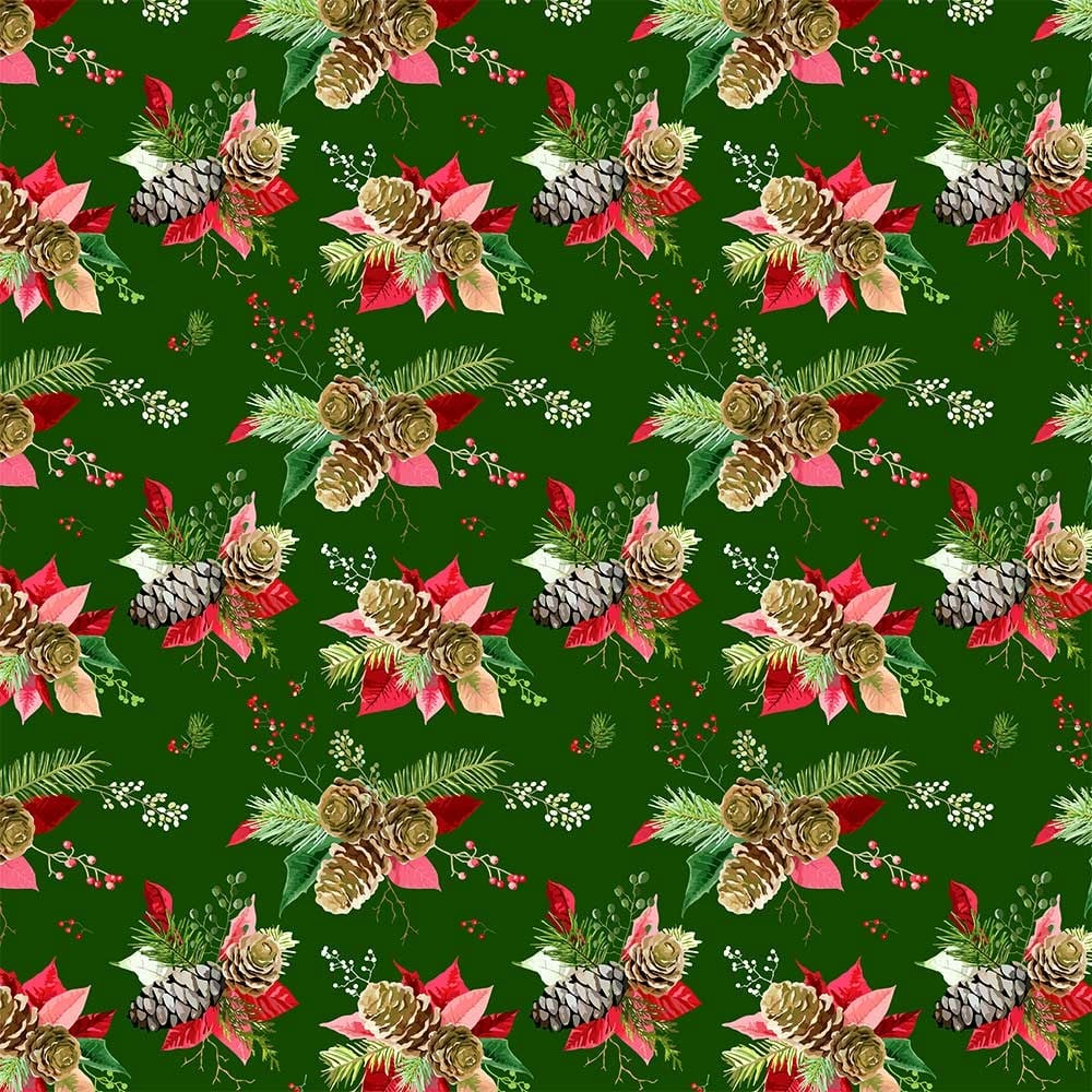 Yeşil Zemin Kozalak Yılbaşı Desenli Kumaş