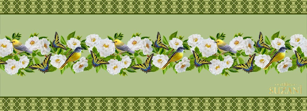 Yeşil Zemin Kuş Desenli Runner Kumaşı