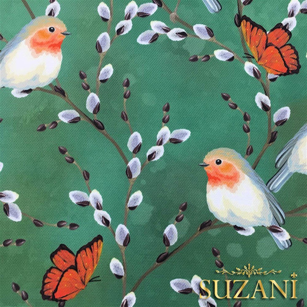 Yeşil Zemin Kuşlu Kelebekli Kumaş