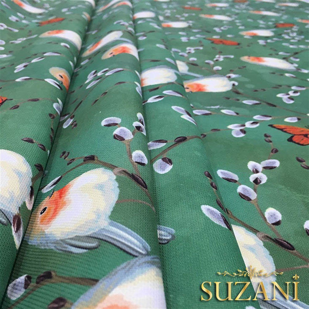 Yeşil Zemin Kuşlu Kelebekli Kumaş